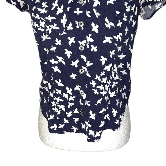 Anthropologie Maeve Austin Navy & White Bird Print Peter Pan Collar Blouse - 4 - Picture 8 of 16